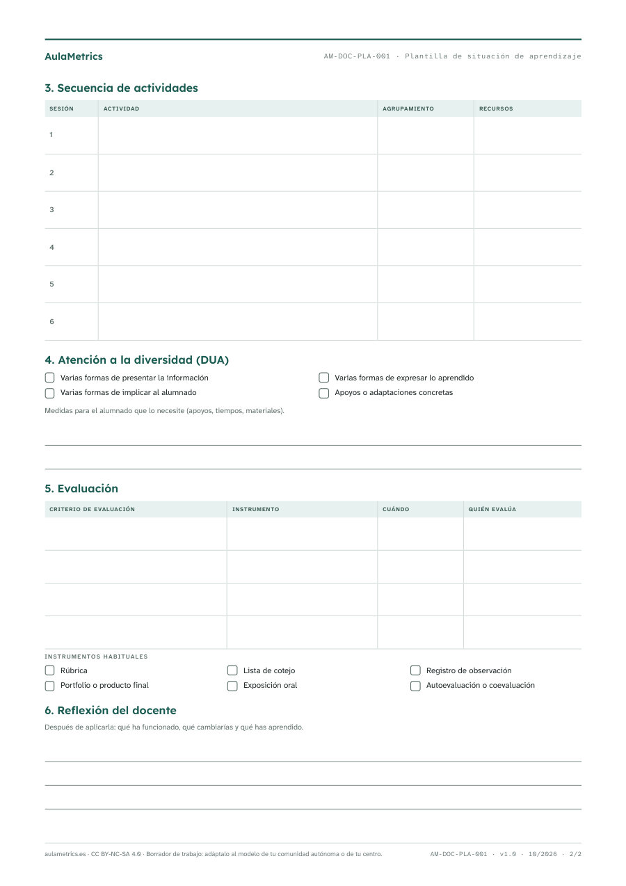 Página 2 de la ficha Plantilla de situación de aprendizaje (LOMLOE)