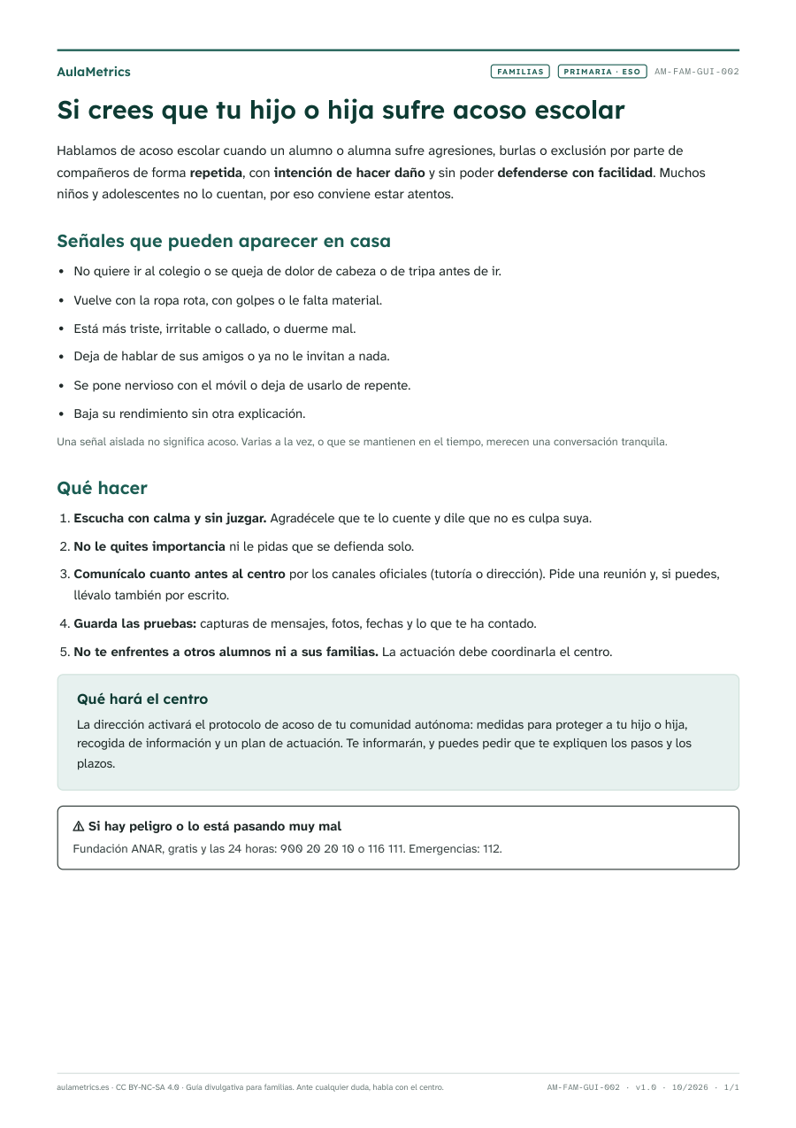 Vista previa de la ficha Si crees que tu hijo o hija sufre acoso escolar