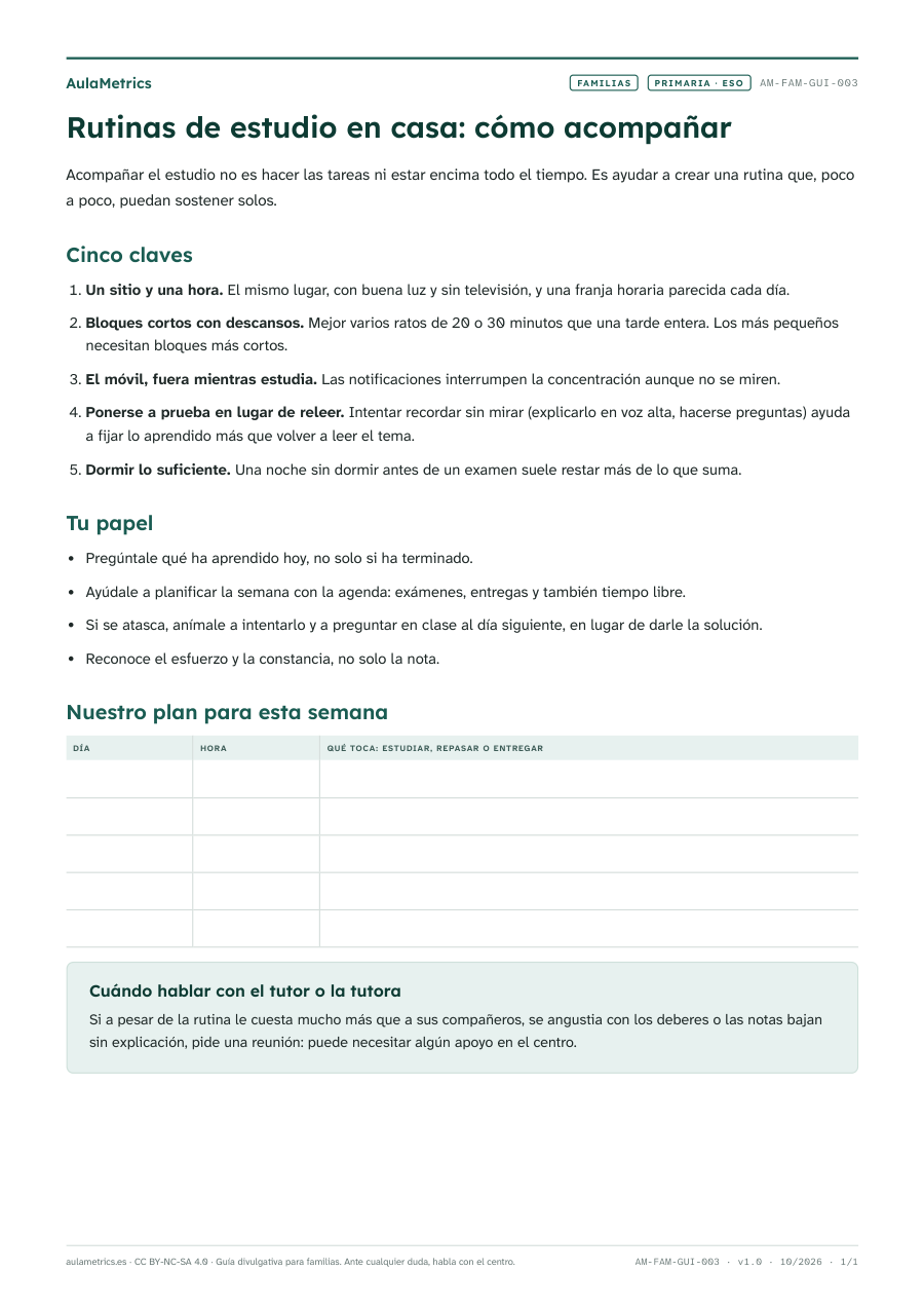 Vista previa de la ficha Rutinas de estudio en casa: cómo acompañar sin hacer los deberes