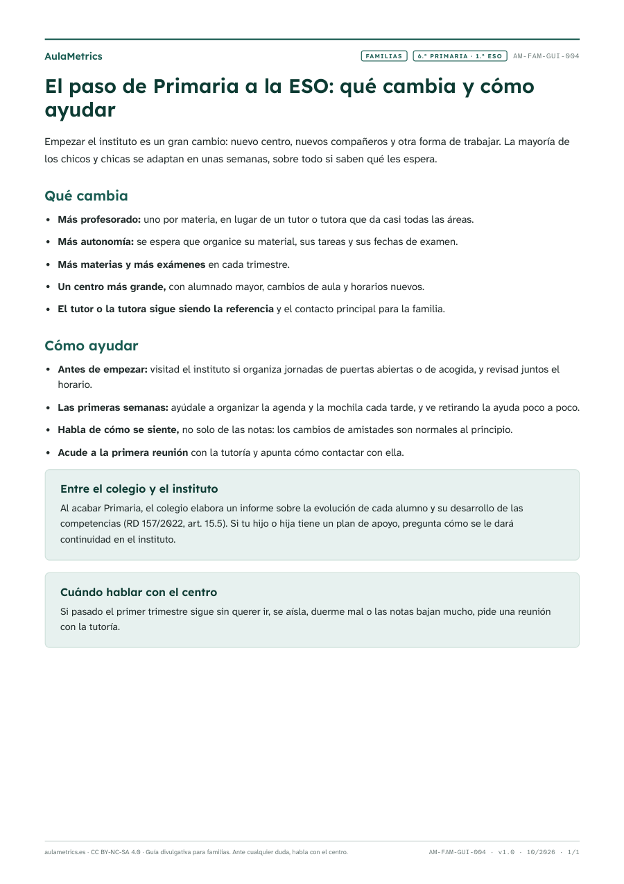 Vista previa de la ficha El paso de Primaria a la ESO: qué cambia y cómo ayudar