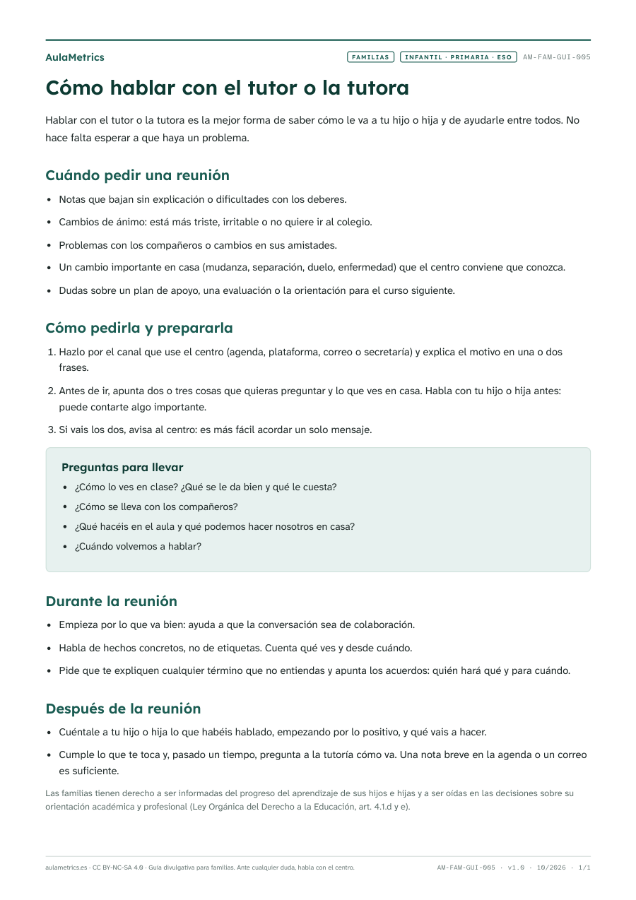 Vista previa de la ficha Cómo hablar con el tutor o la tutora de tu hijo o hija