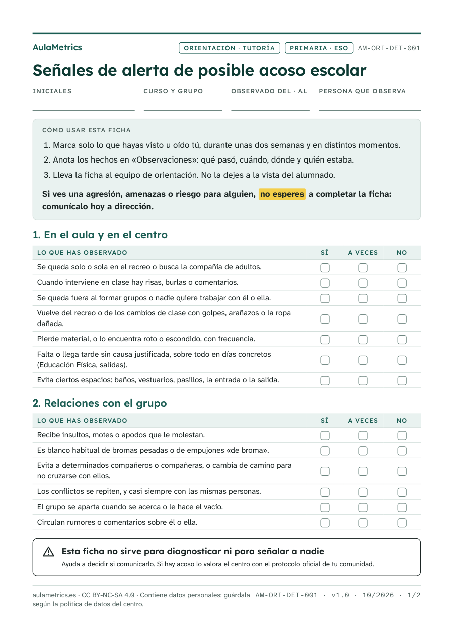 Vista previa de la ficha Señales de alerta de posible acoso escolar