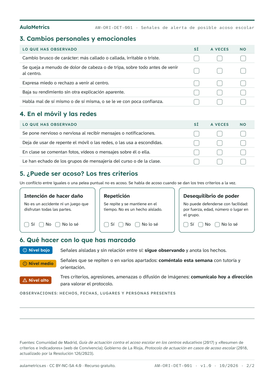 Página 2 de la ficha Señales de alerta de posible acoso escolar