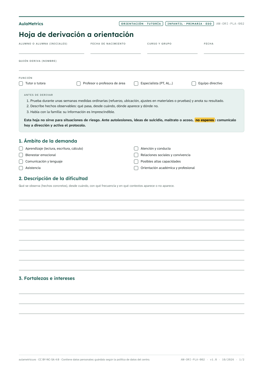 Vista previa de la ficha Hoja de derivación a orientación