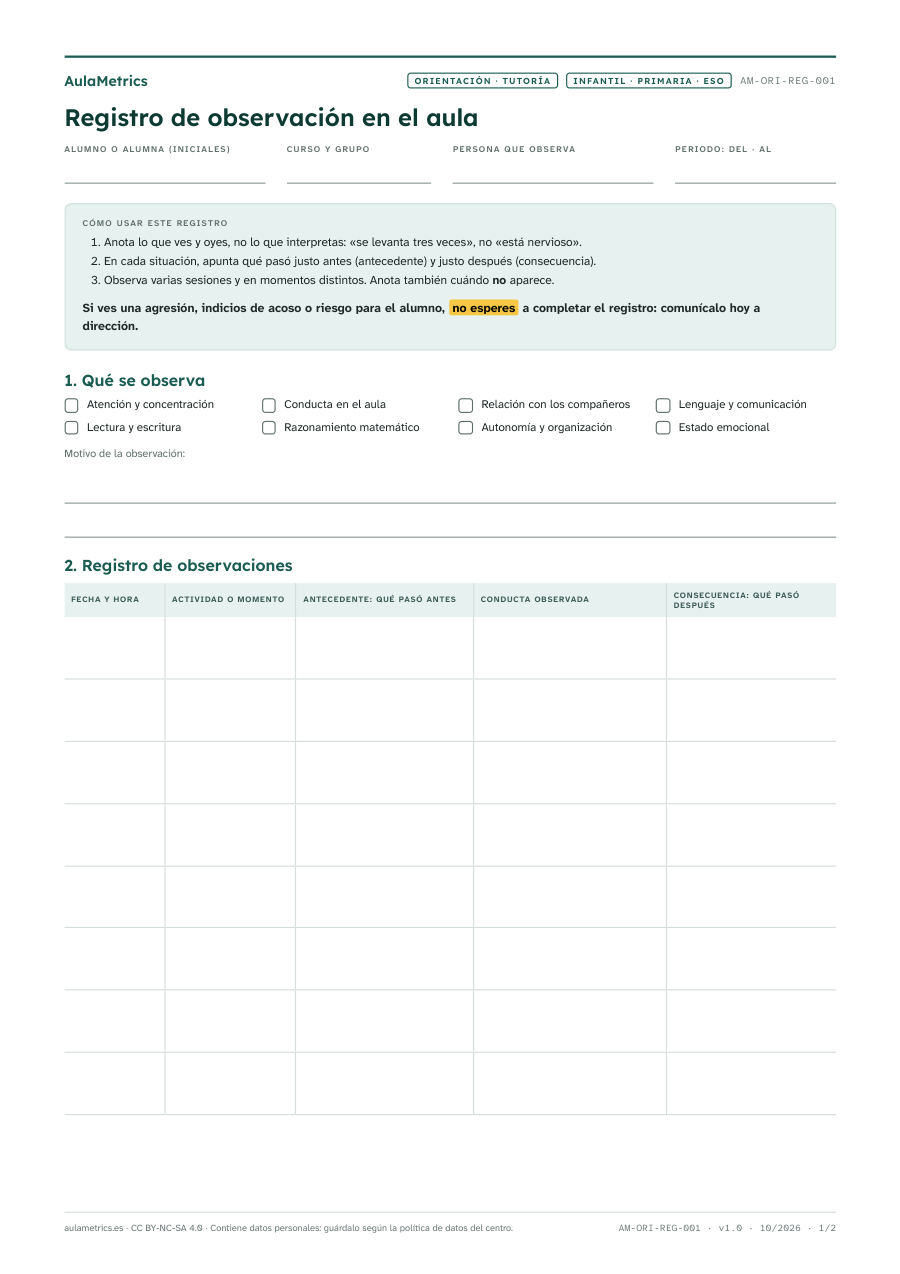 Vista previa de la ficha Registro de observación en el aula (ABC)