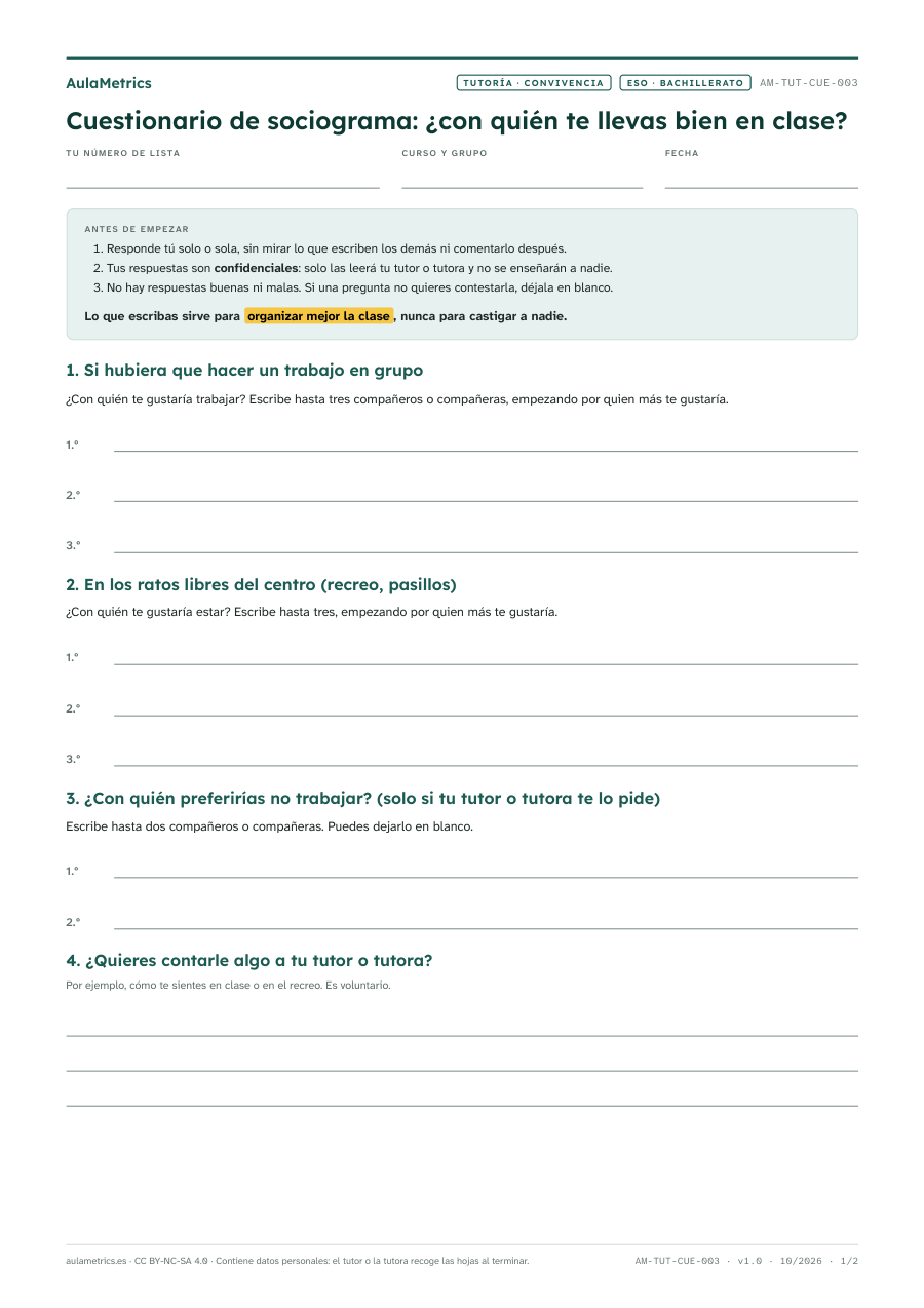 Vista previa de la ficha Cuestionario de sociograma para ESO y Bachillerato