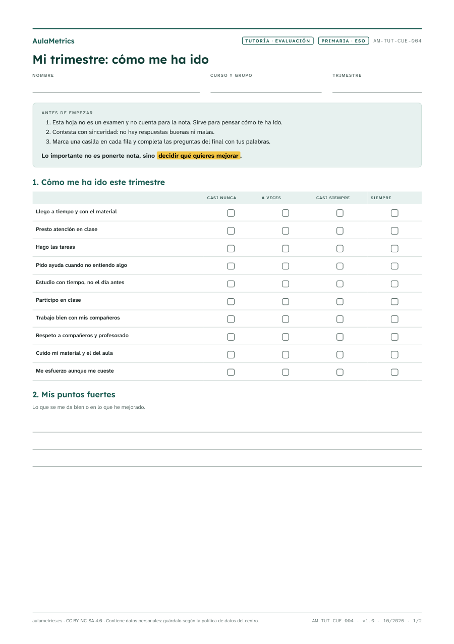 Vista previa de la ficha Autoevaluación del alumnado al final del trimestre