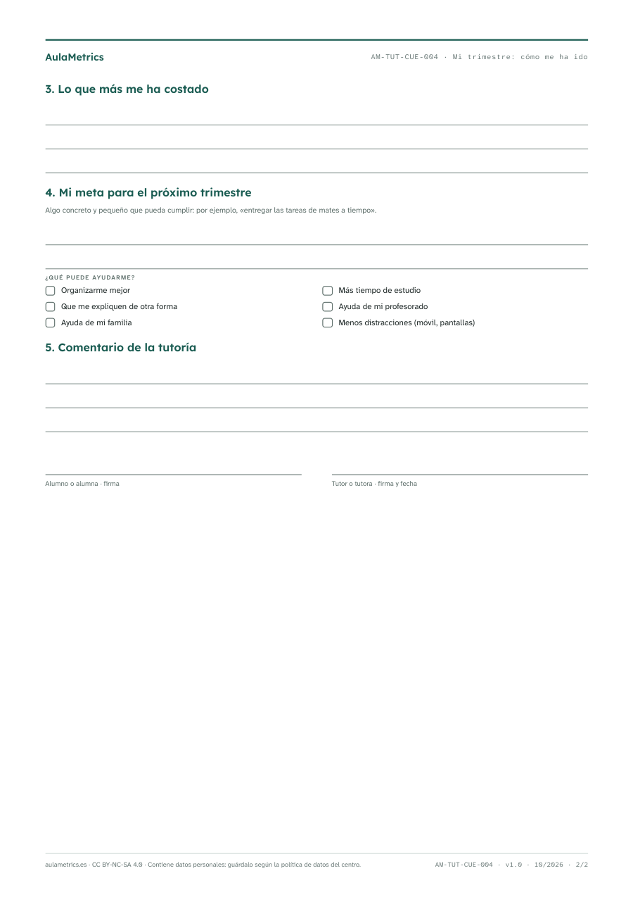 Página 2 de la ficha Autoevaluación del alumnado al final del trimestre