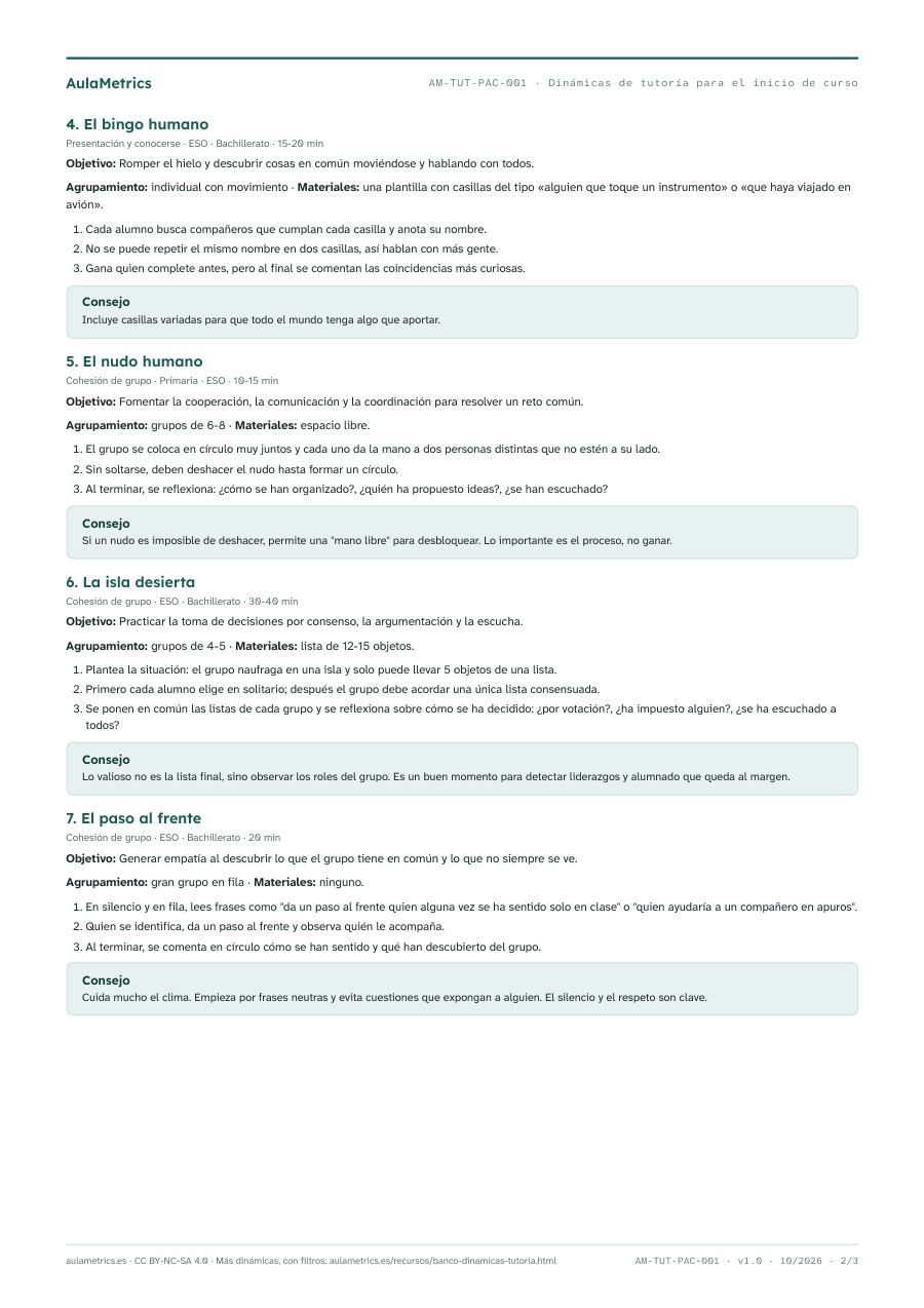 Página 2 de la ficha Dinámicas de tutoría para el inicio de curso: presentación y cohesión de grupo