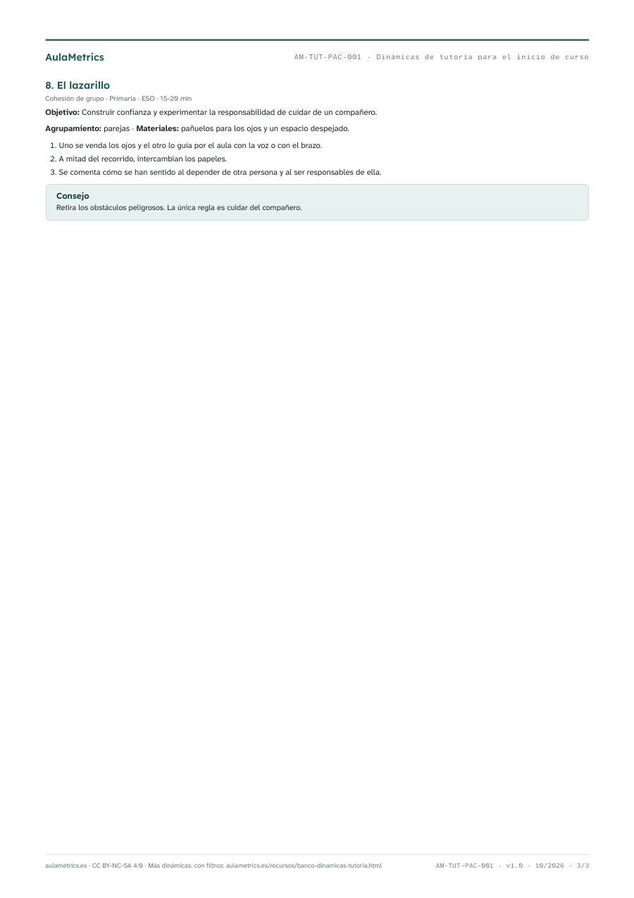 Página 3 de la ficha Dinámicas de tutoría para el inicio de curso: presentación y cohesión de grupo