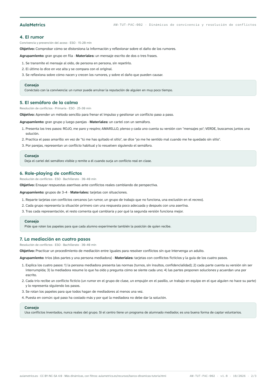 Página 2 de la ficha Dinámicas de tutoría de convivencia y resolución de conflictos