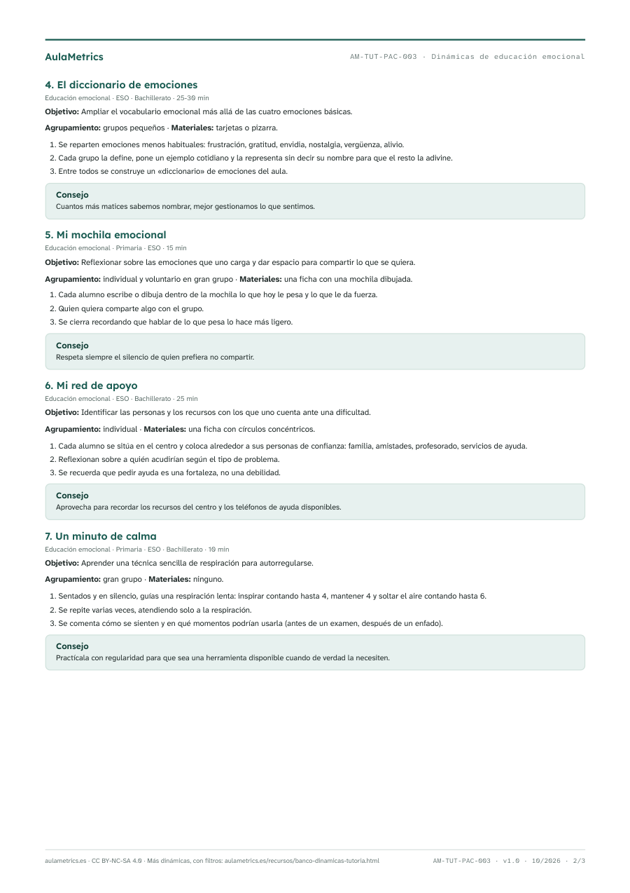 Página 2 de la ficha Dinámicas de tutoría de educación emocional