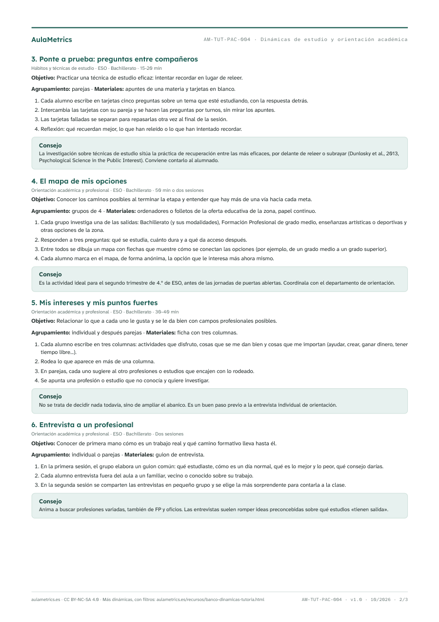 Página 2 de la ficha Dinámicas de tutoría de técnicas de estudio y orientación académica