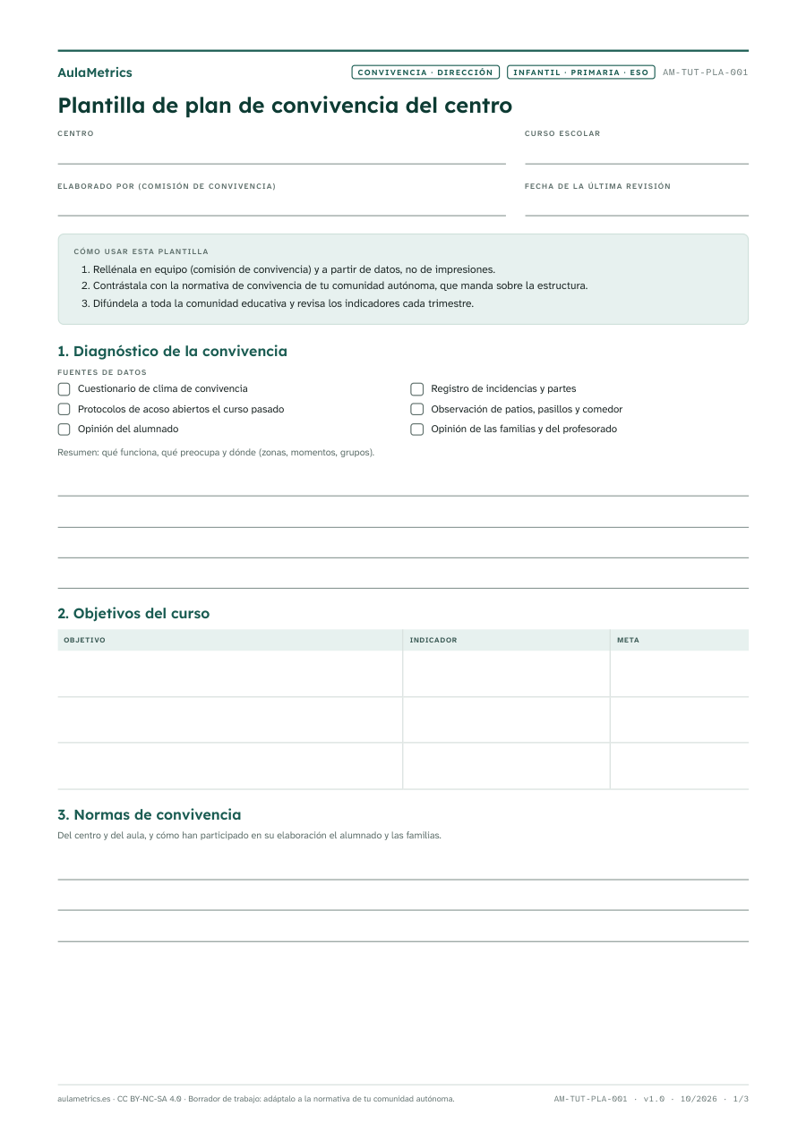 Vista previa de la ficha Plantilla de plan de convivencia del centro