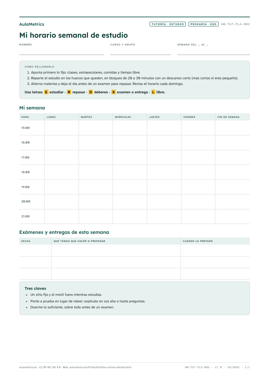 Vista previa de la ficha Horario semanal de estudio