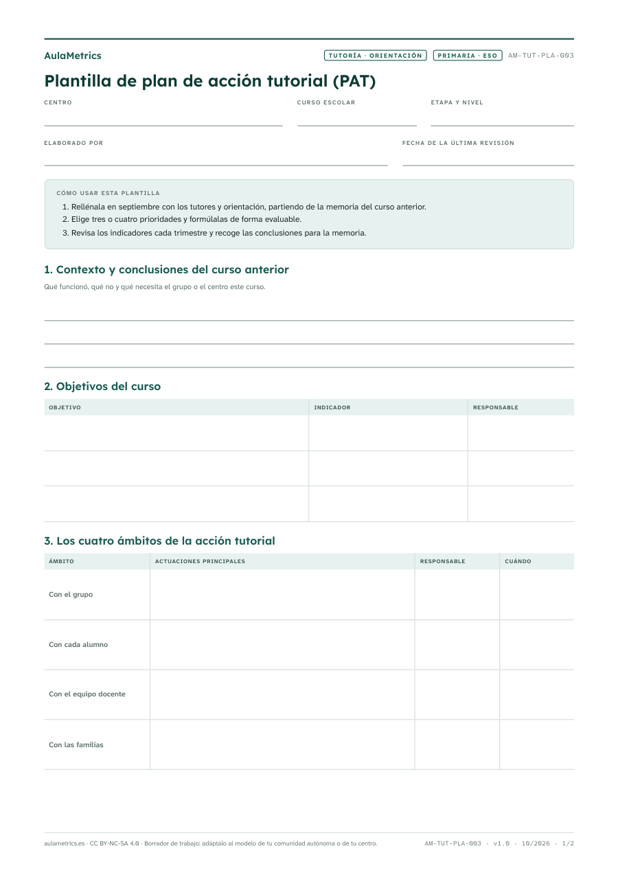 Vista previa de la ficha Plantilla de plan de acción tutorial (PAT)