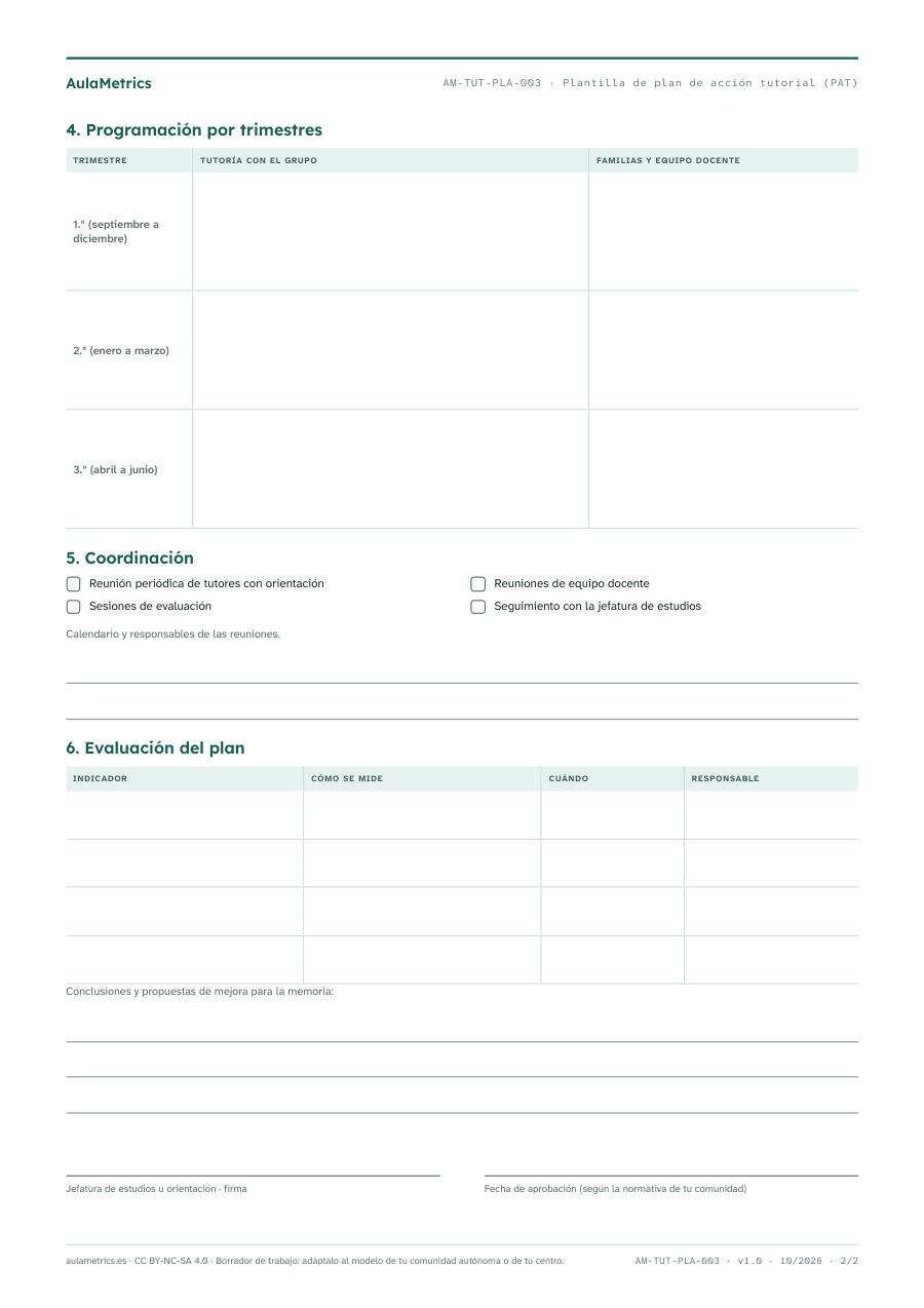 Página 2 de la ficha Plantilla de plan de acción tutorial (PAT)
