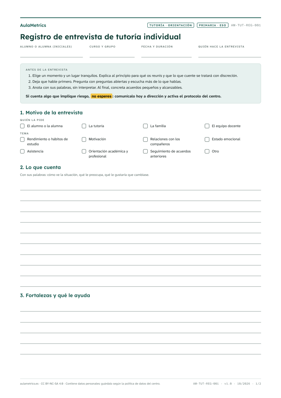 Vista previa de la ficha Registro de entrevista de tutoría individual