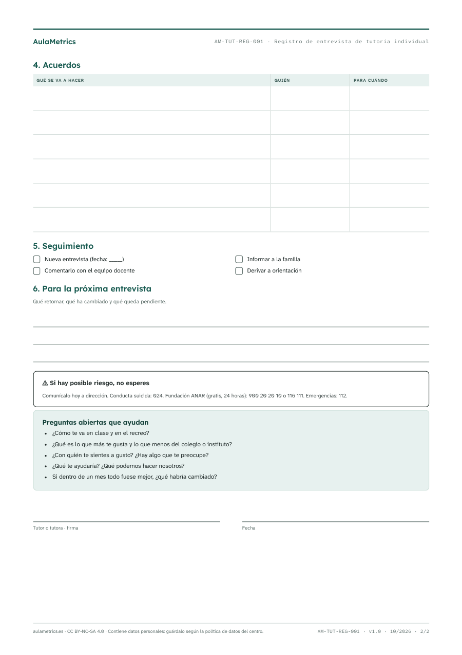 Página 2 de la ficha Registro de entrevista de tutoría individual