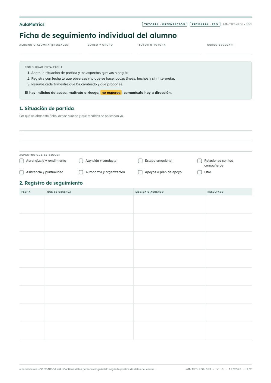 Vista previa de la ficha Ficha de seguimiento individual del alumno