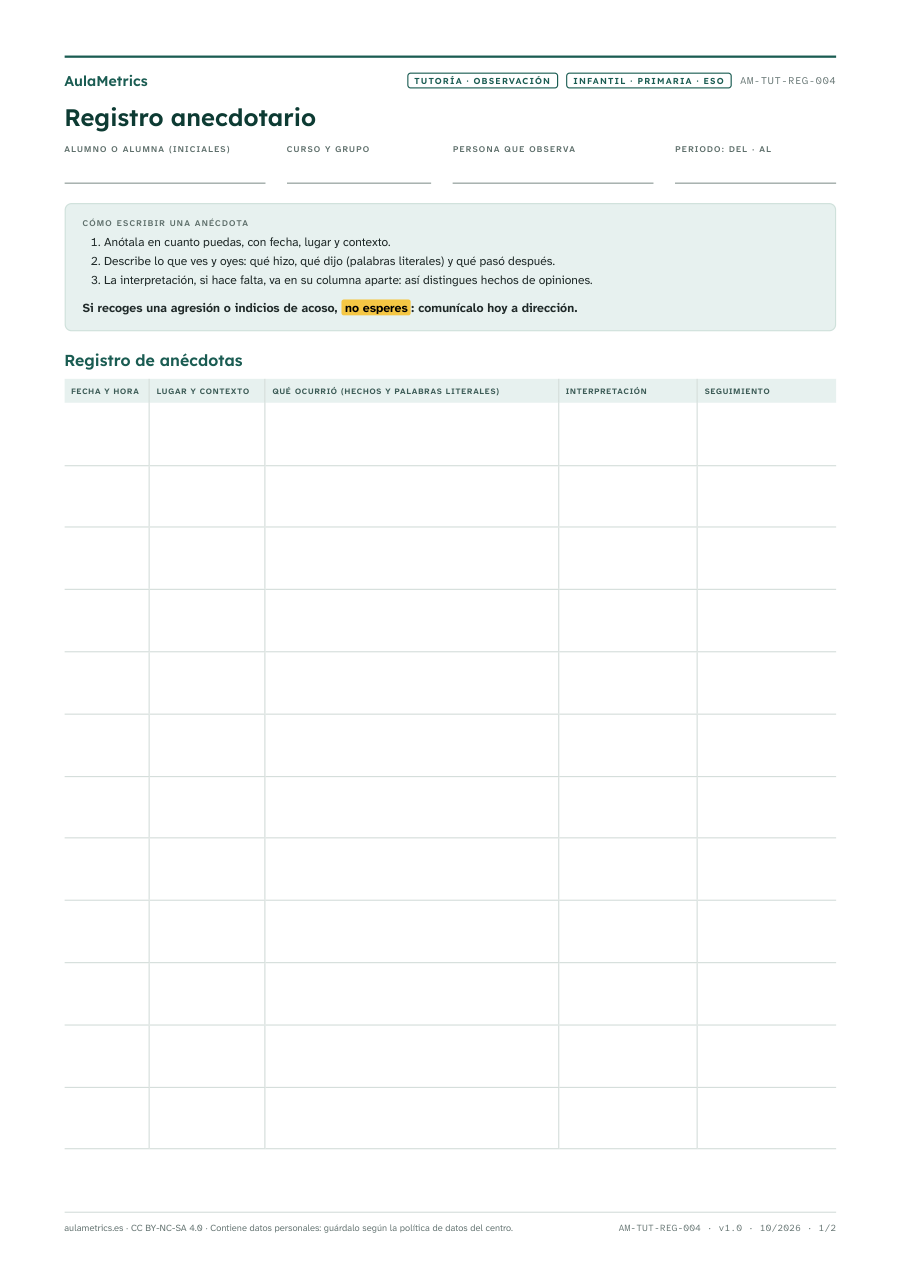 Vista previa de la ficha Registro anecdotario del aula